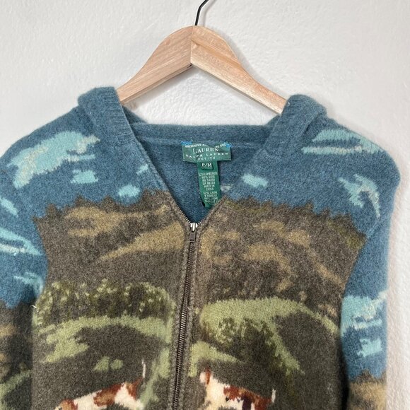 Lauren Ralph Lauren Hand Knit Wool dog hunting Zip Hoodie Jacket PM - Picture 4 of 10